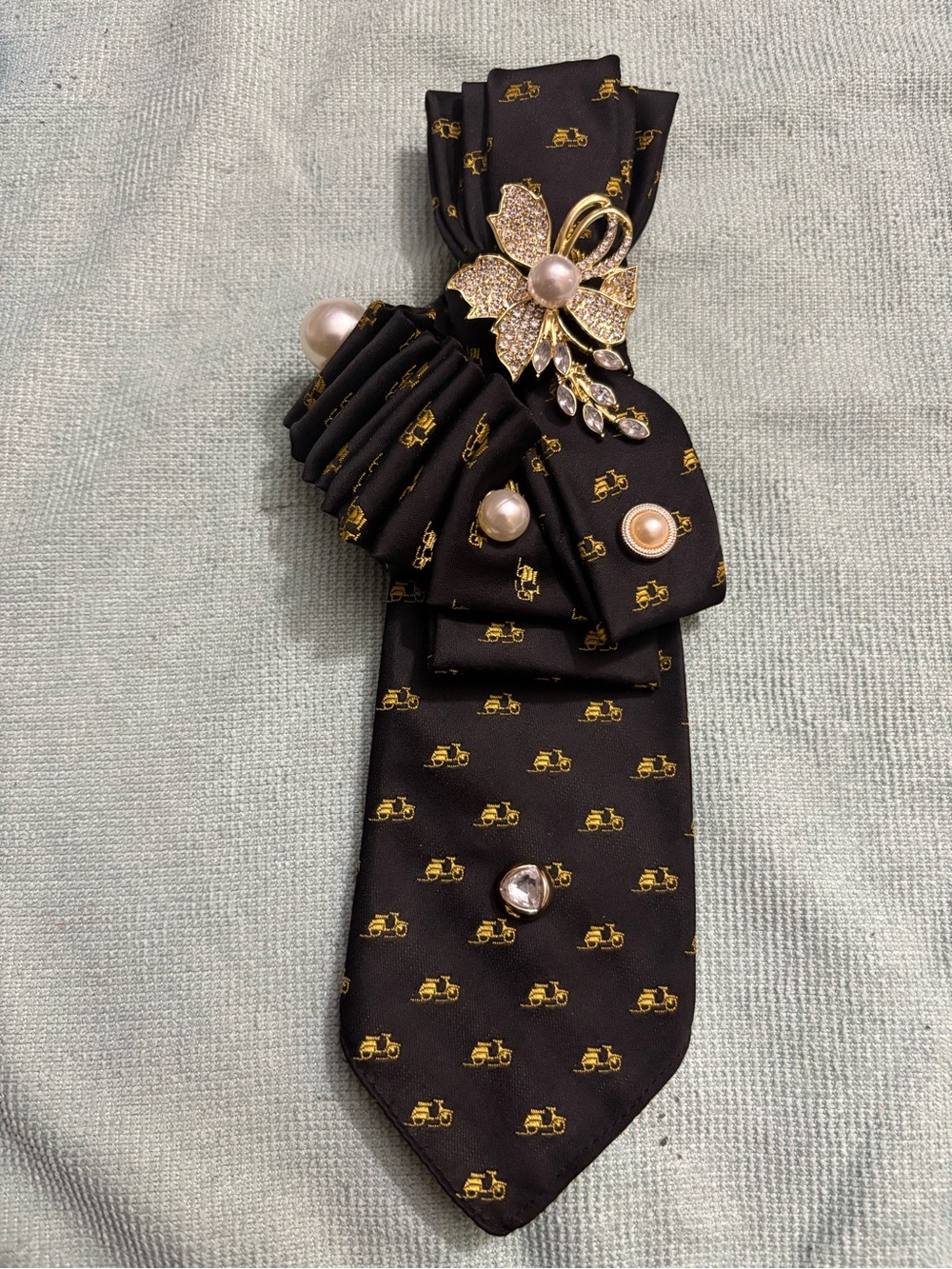 Black Bow tie with Gold Floral Brooch and Pearl Accents